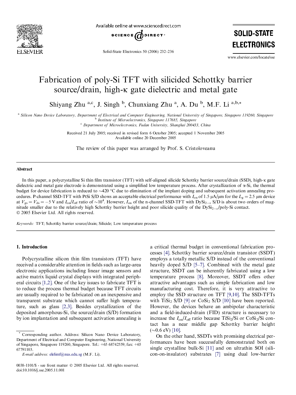 Fabrication of poly-Si TFT with silicided Schottky barrier source/drain, high-κ gate dielectric and metal gate