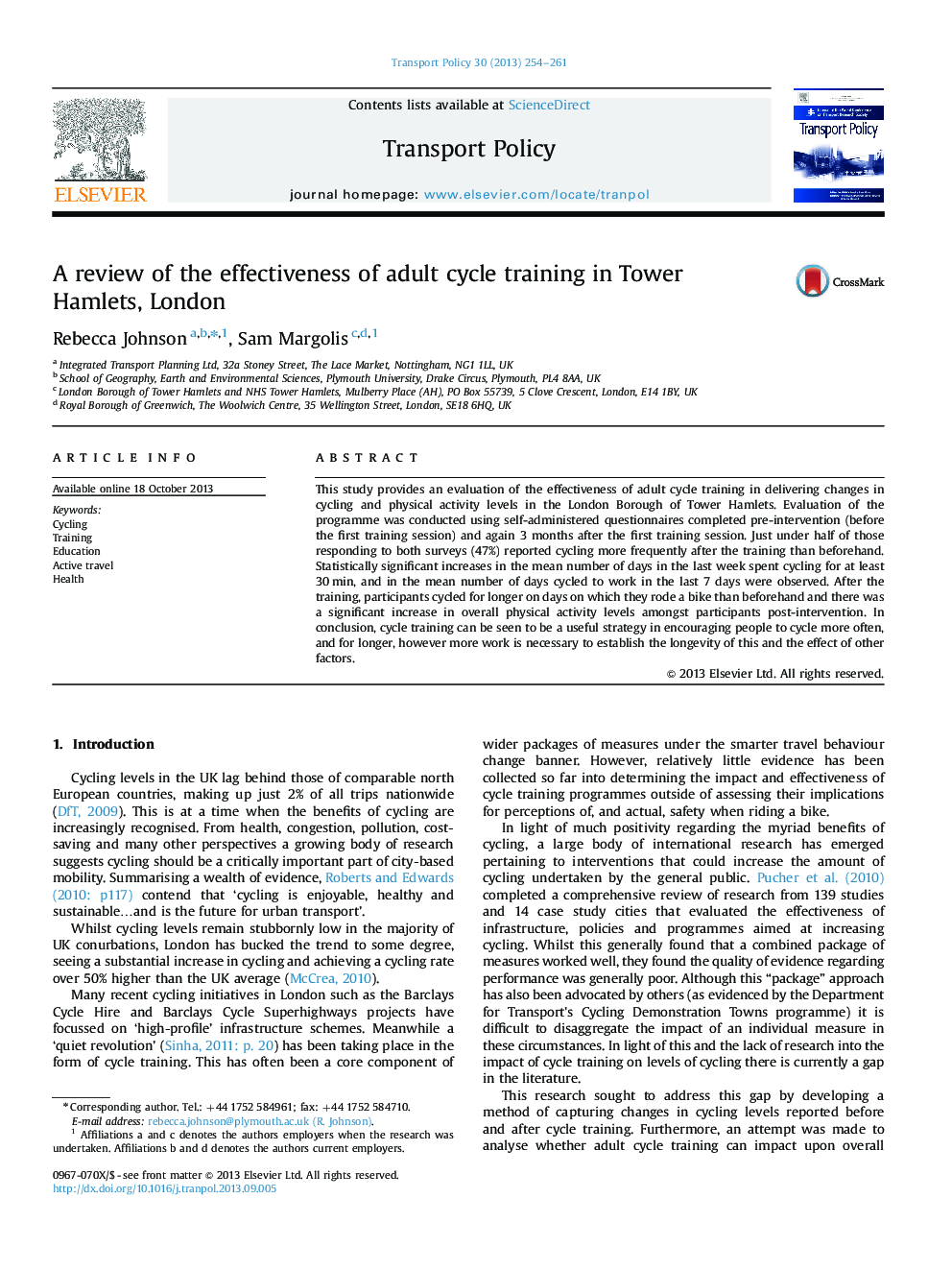 A review of the effectiveness of adult cycle training in Tower Hamlets, London