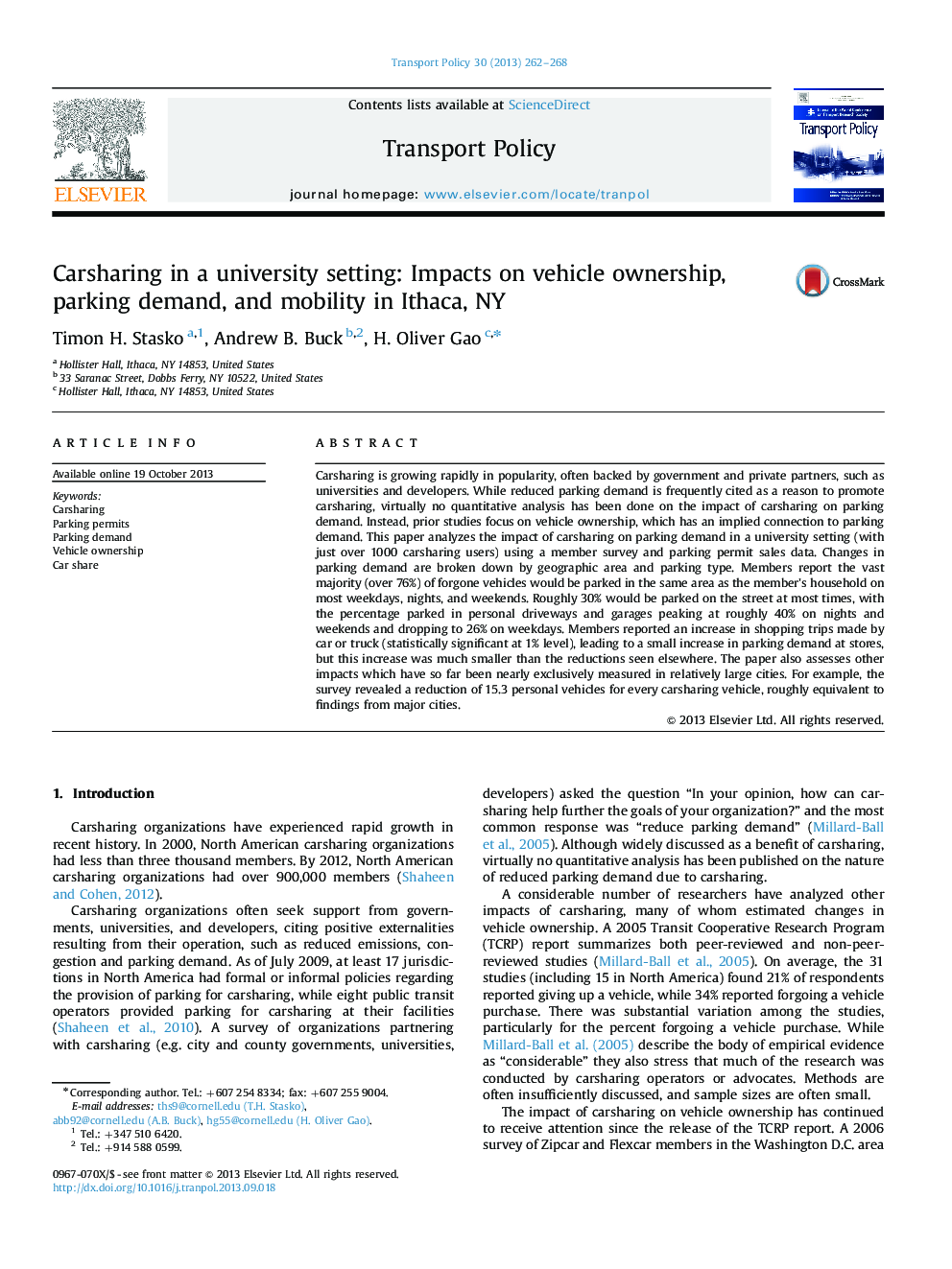 Carsharing in a university setting: Impacts on vehicle ownership, parking demand, and mobility in Ithaca, NY