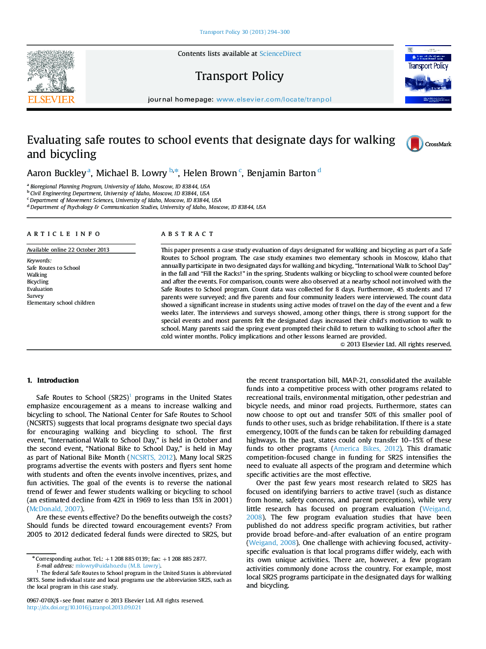 Evaluating safe routes to school events that designate days for walking and bicycling