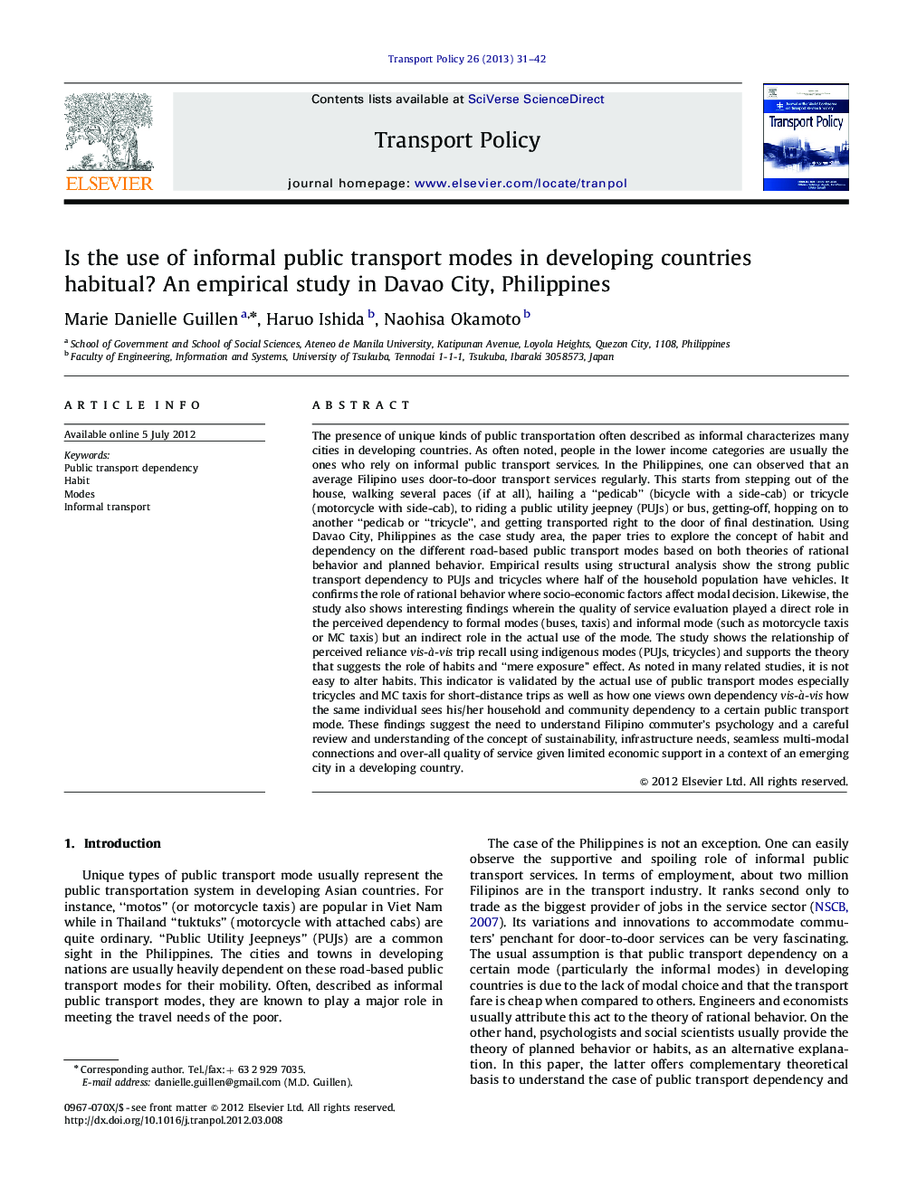 Is the use of informal public transport modes in developing countries habitual? An empirical study in Davao City, Philippines