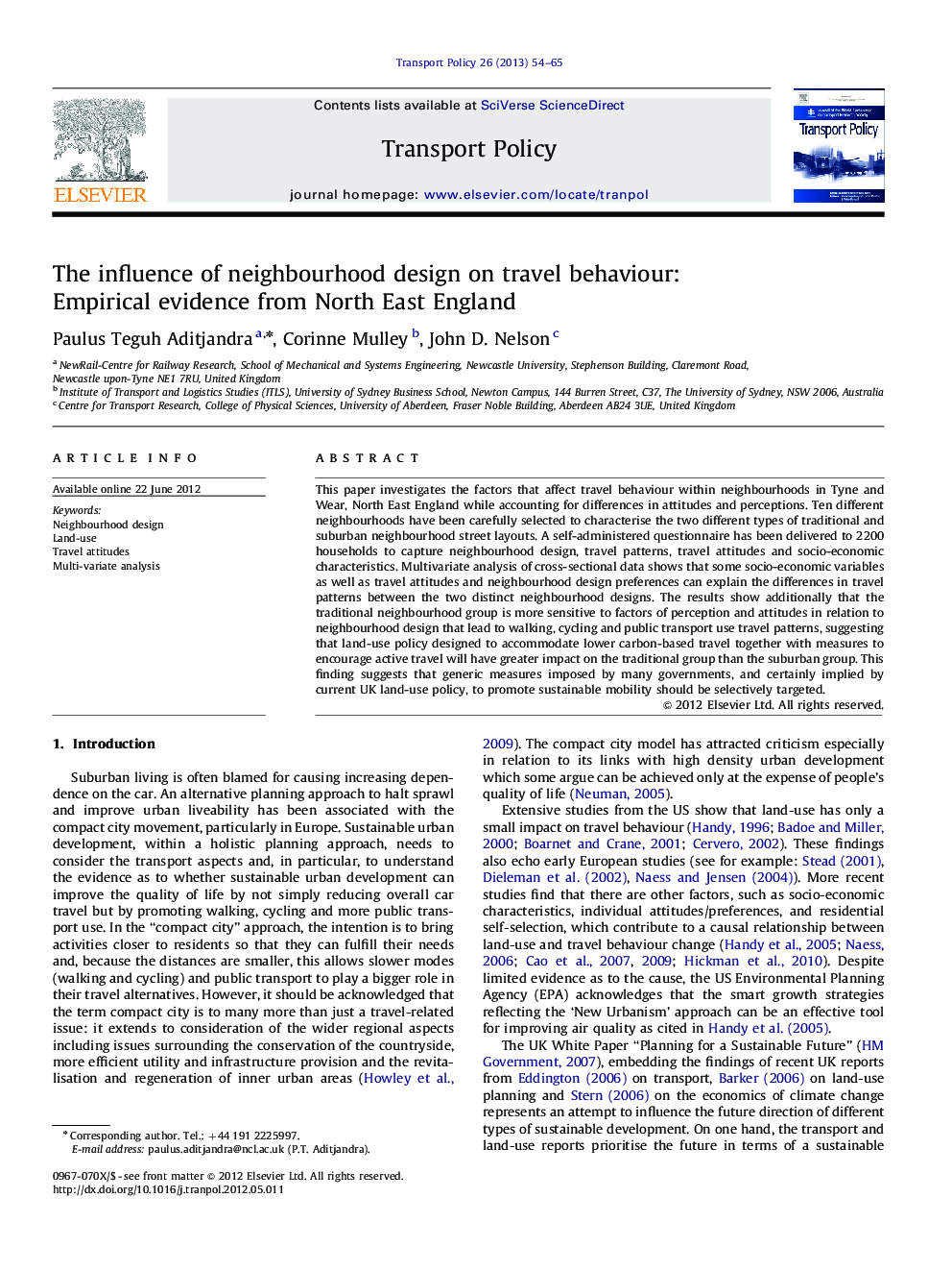 The influence of neighbourhood design on travel behaviour: Empirical evidence from North East England