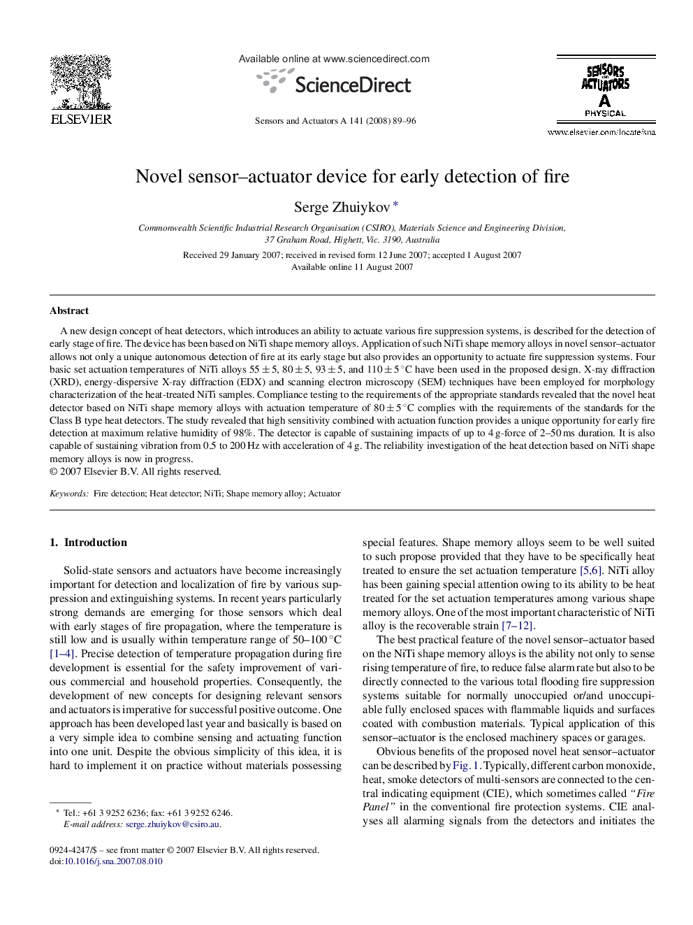 Novel sensor–actuator device for early detection of fire