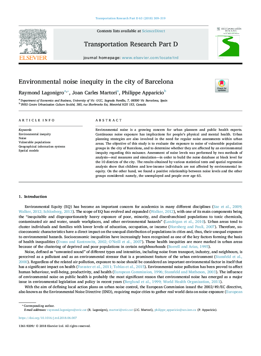 Environmental noise inequity in the city of Barcelona