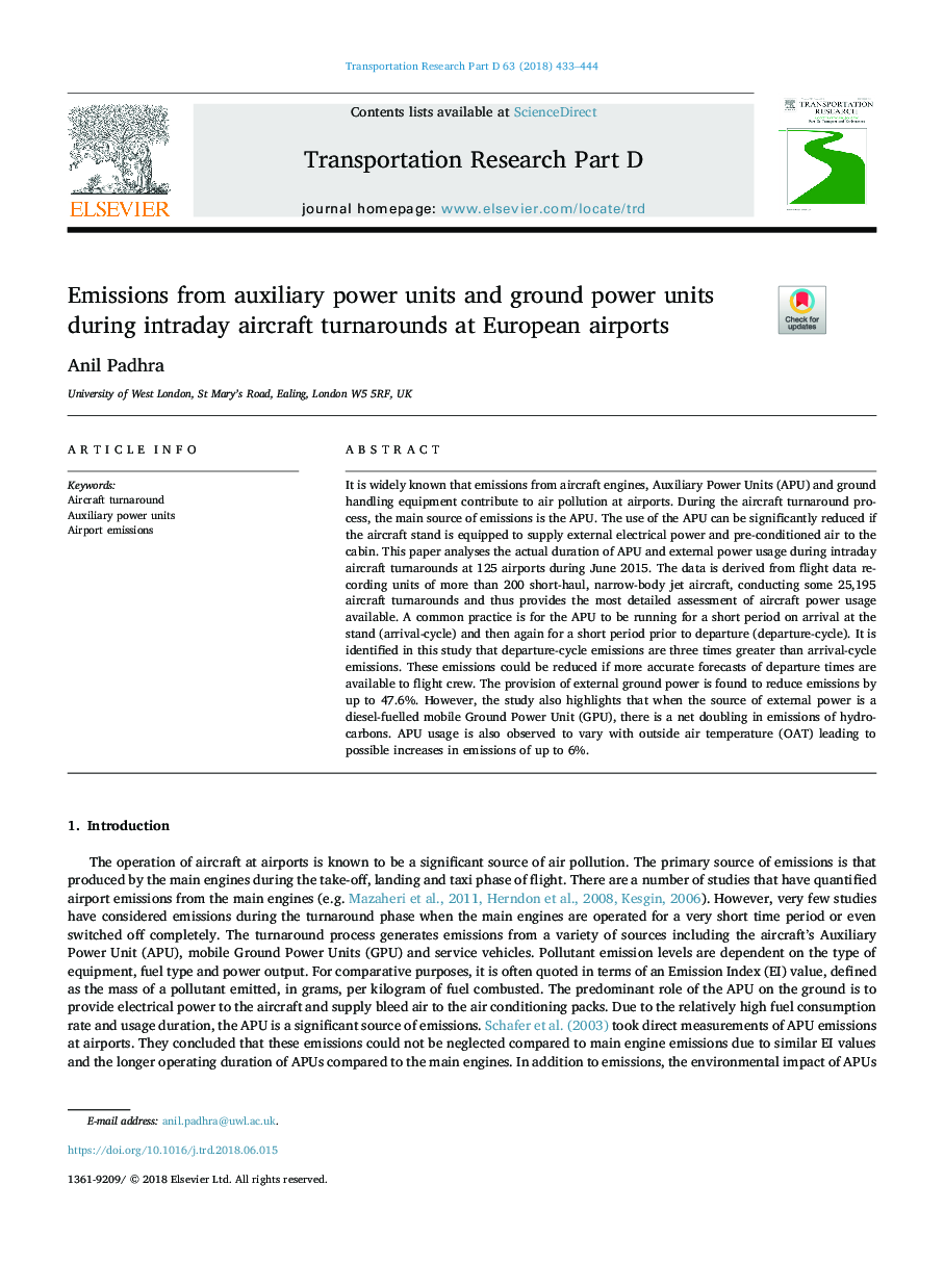 Emissions from auxiliary power units and ground power units during intraday aircraft turnarounds at European airports