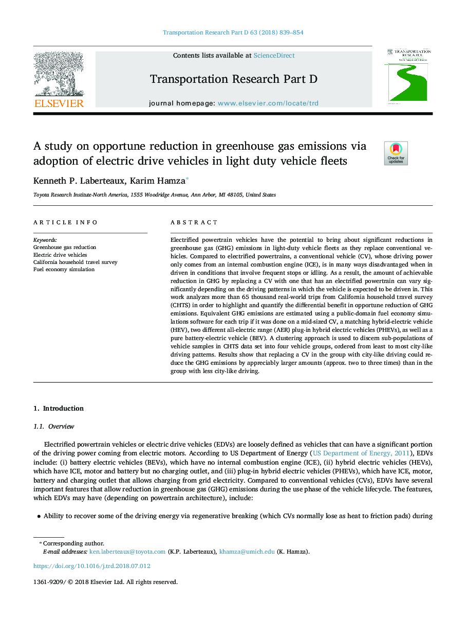 A study on opportune reduction in greenhouse gas emissions via adoption of electric drive vehicles in light duty vehicle fleets