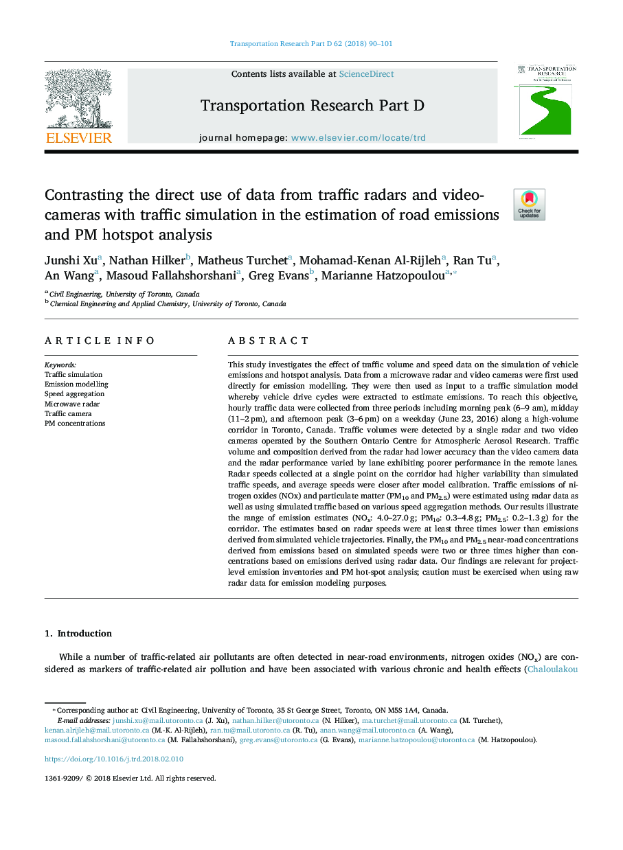 Contrasting the direct use of data from traffic radars and video-cameras with traffic simulation in the estimation of road emissions and PM hotspot analysis