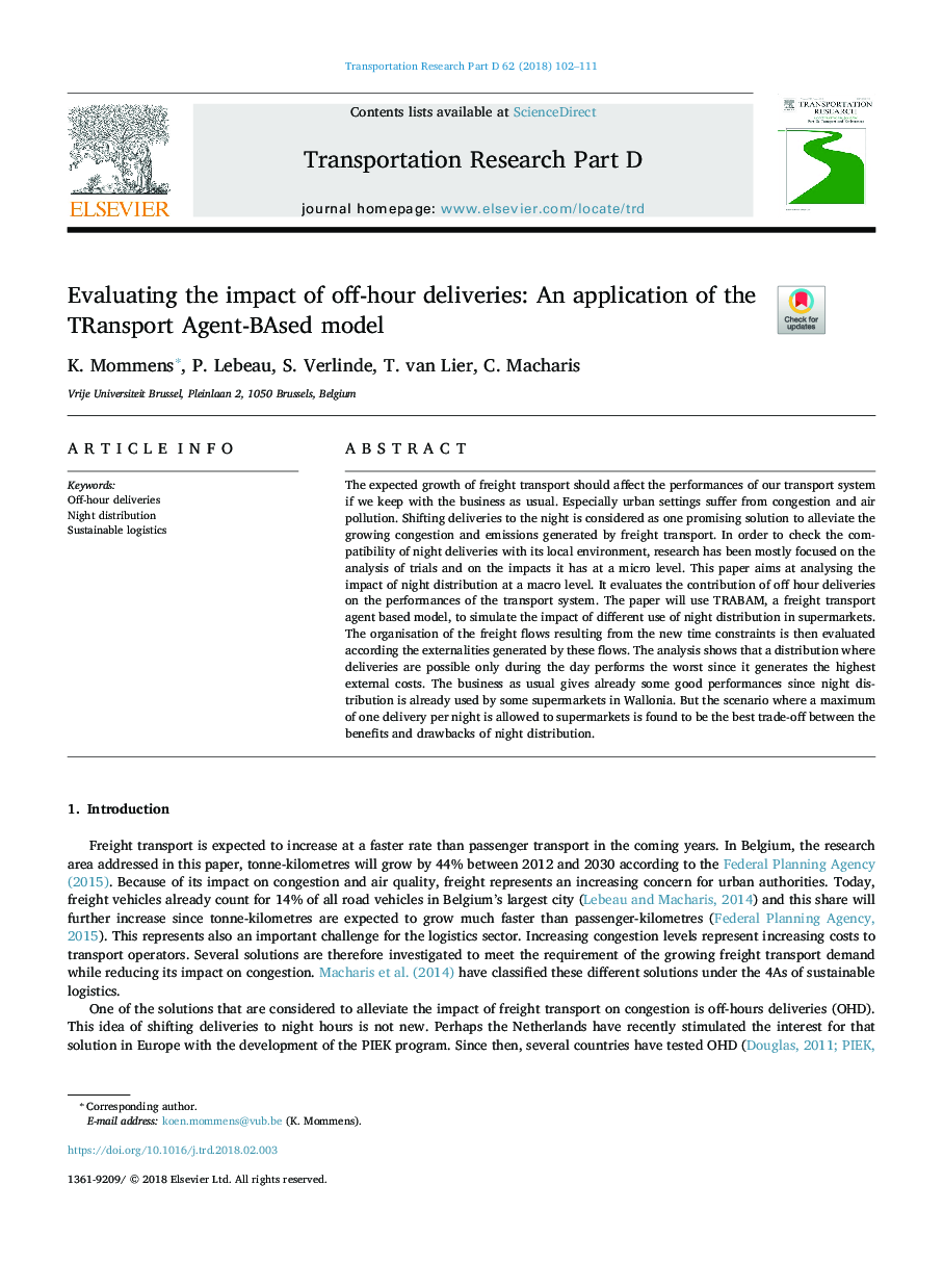 Evaluating the impact of off-hour deliveries: An application of the TRansport Agent-BAsed model