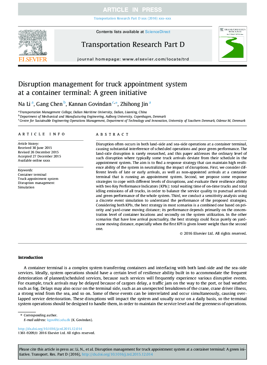 Disruption management for truck appointment system at a container terminal: A green initiative