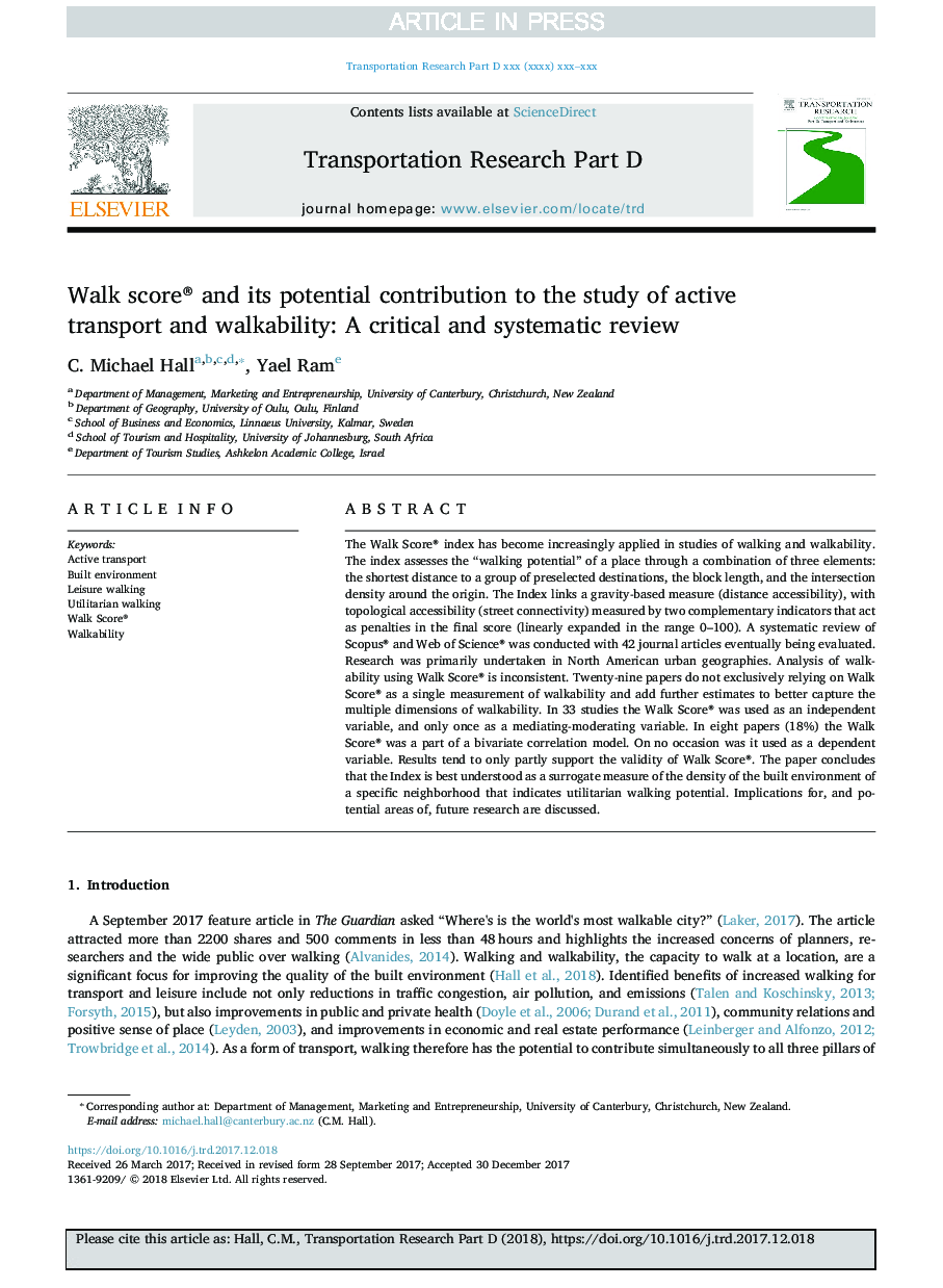 Walk score® and its potential contribution to the study of active transport and walkability: A critical and systematic review