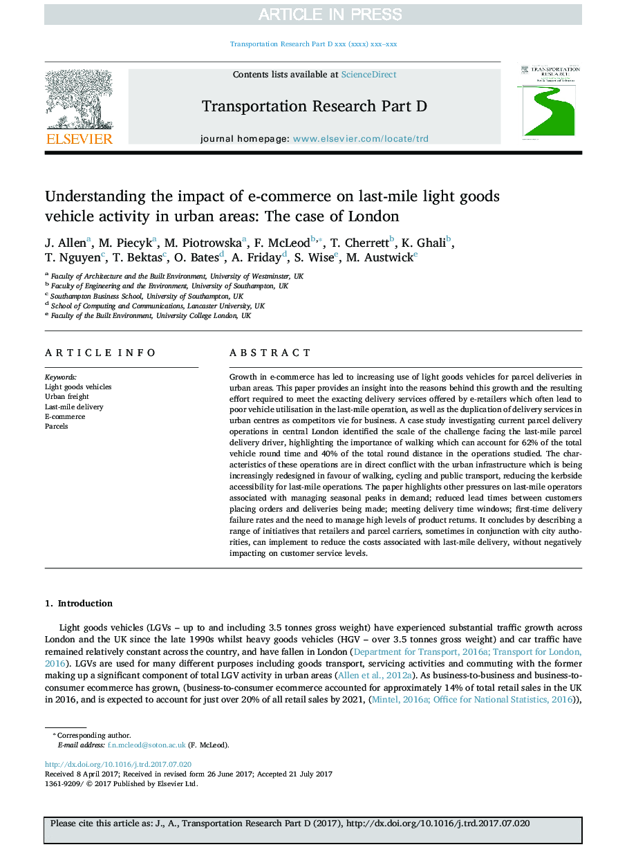 Understanding the impact of e-commerce on last-mile light goods vehicle activity in urban areas: The case of London