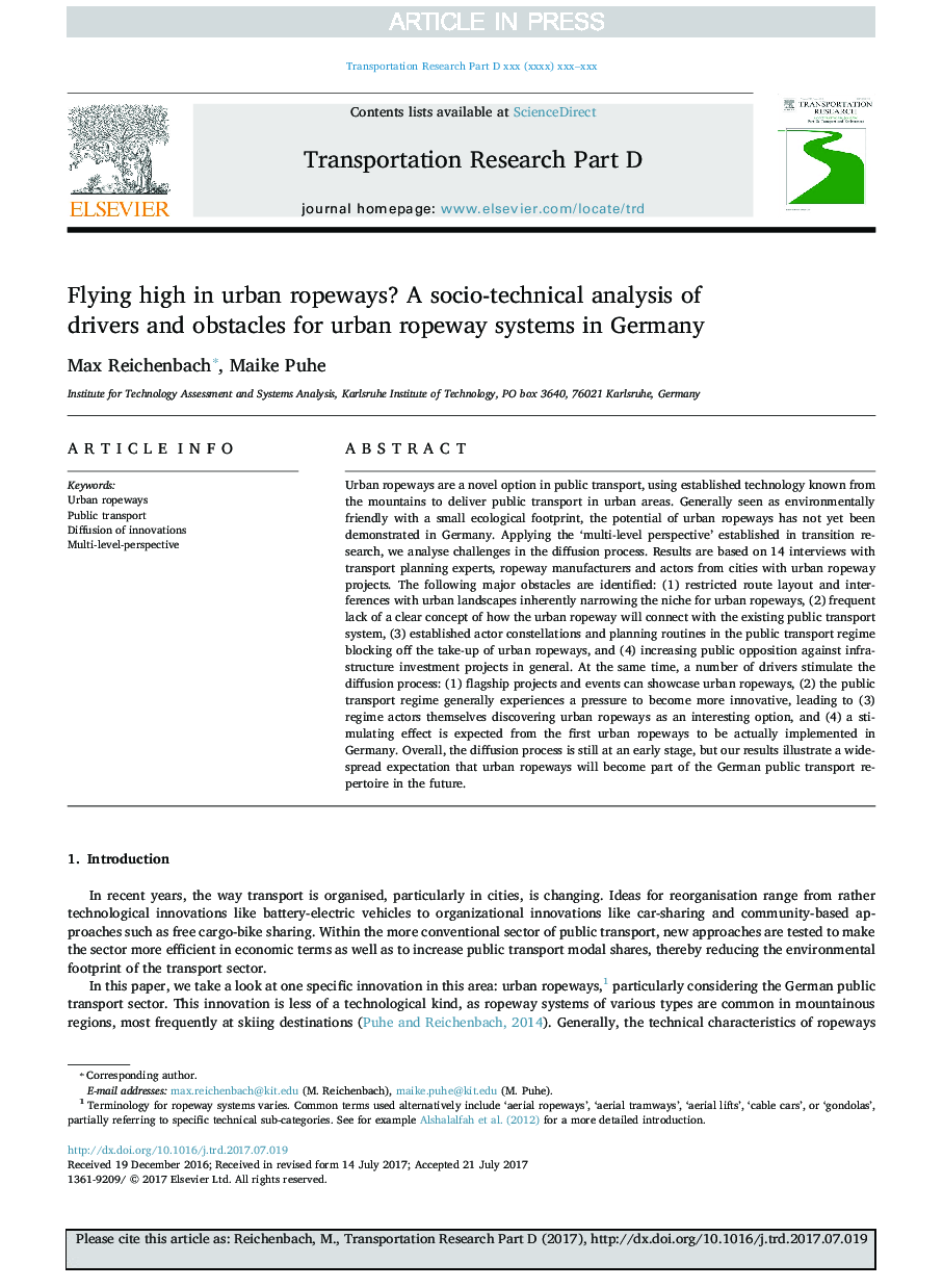 Flying high in urban ropeways? A socio-technical analysis of drivers and obstacles for urban ropeway systems in Germany