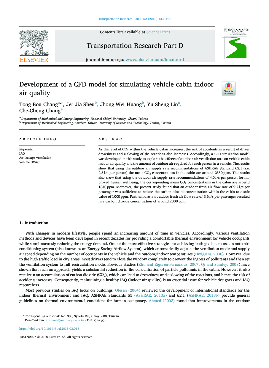 Development of a CFD model for simulating vehicle cabin indoor air quality