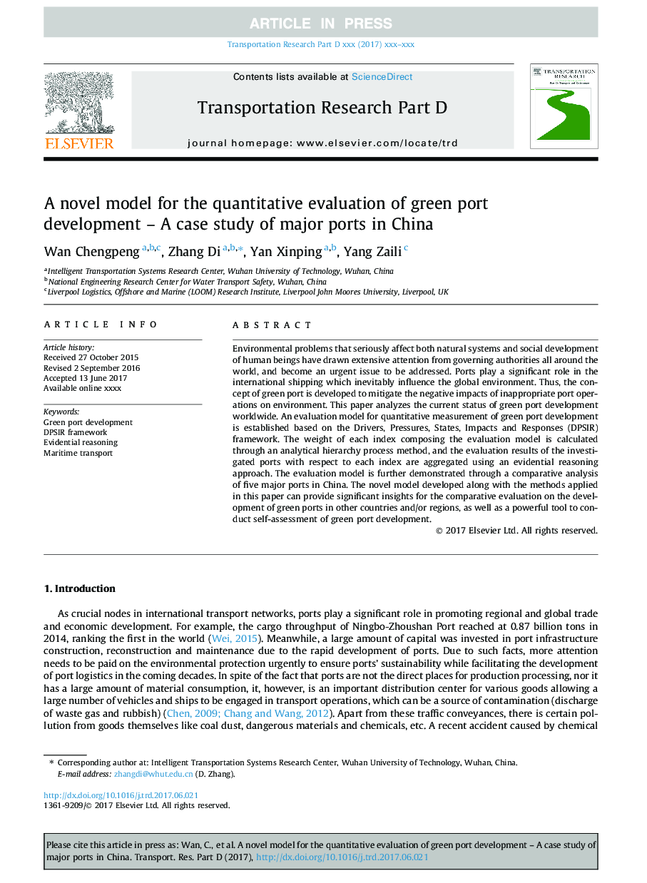 A novel model for the quantitative evaluation of green port development - A case study of major ports in China