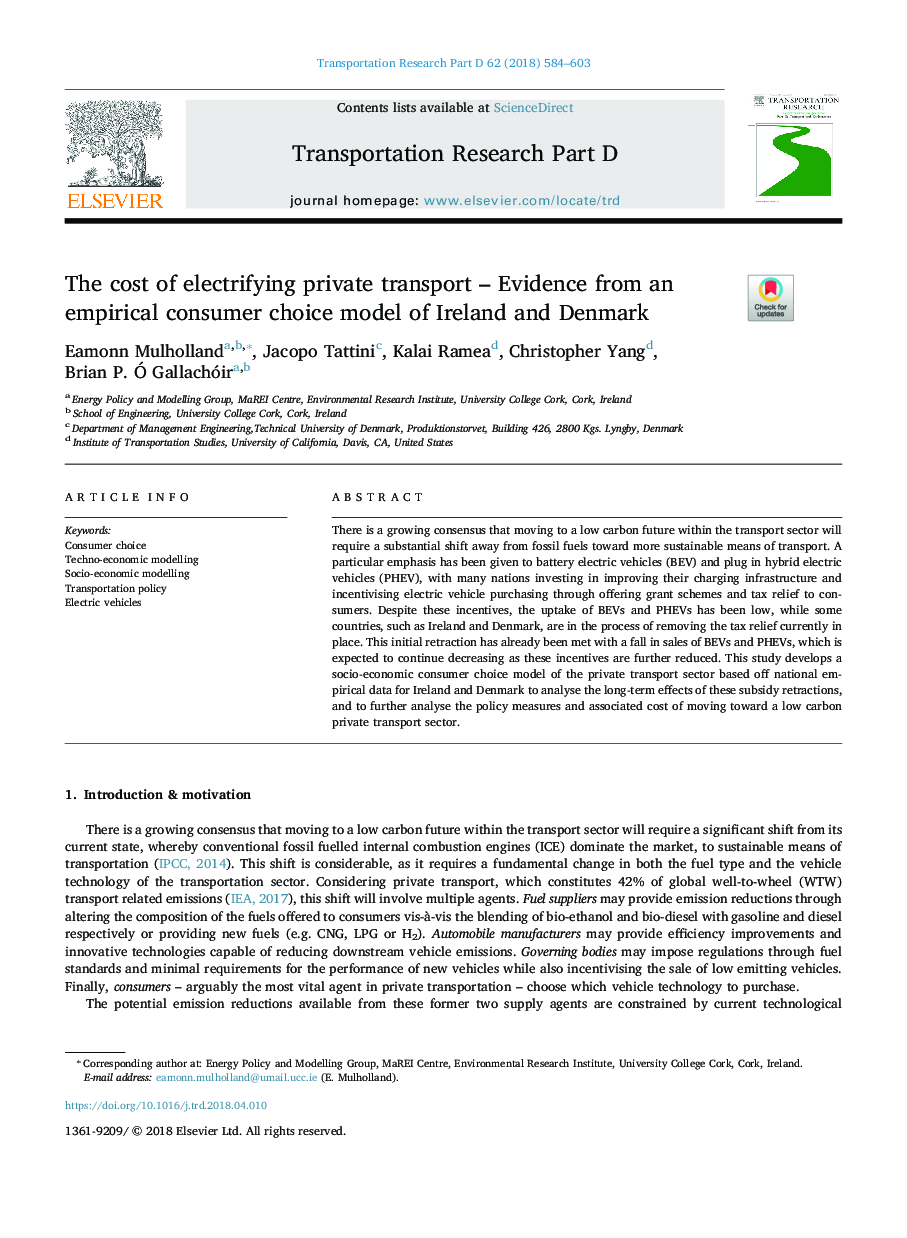 The cost of electrifying private transport - Evidence from an empirical consumer choice model of Ireland and Denmark