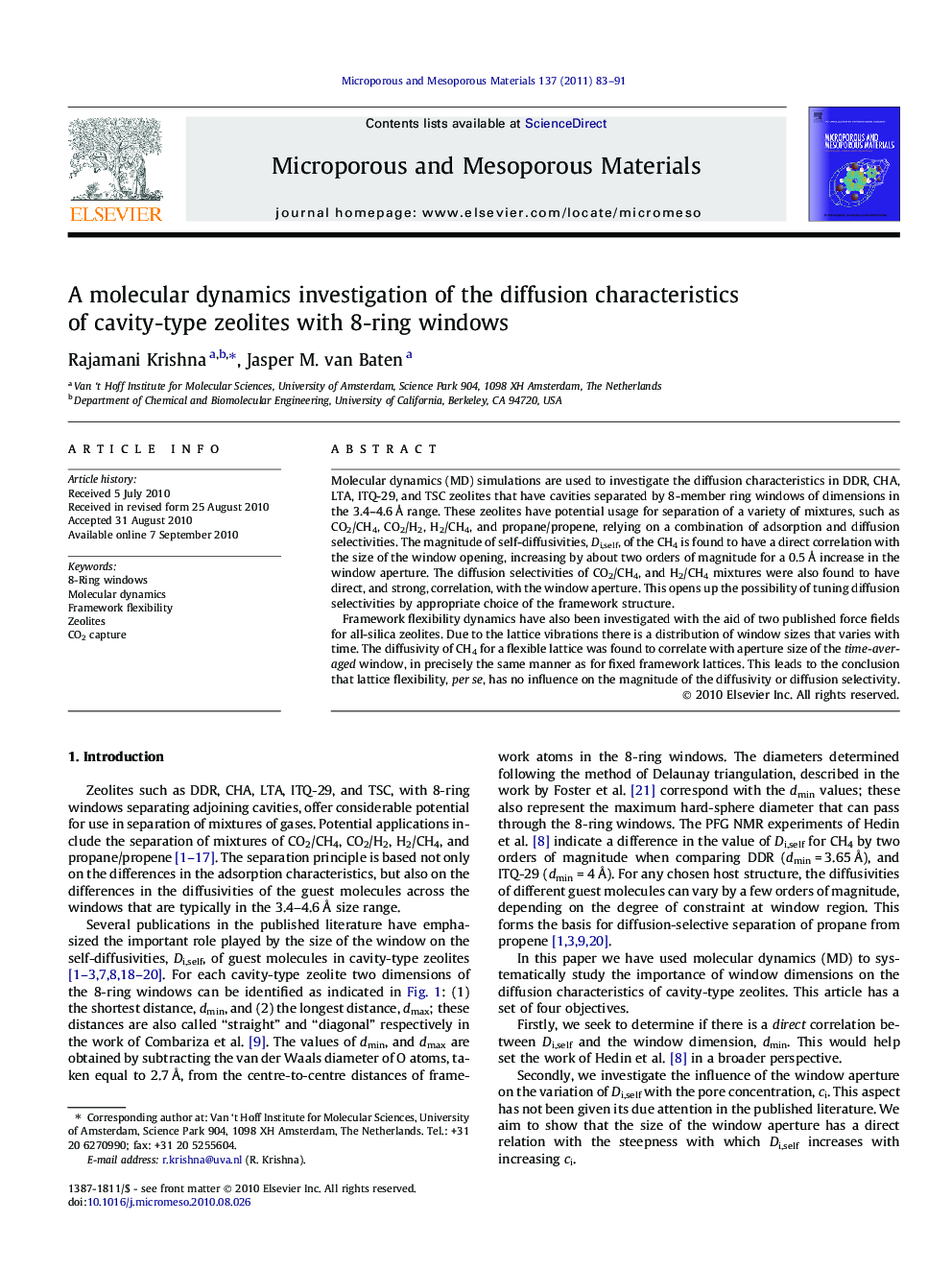 A molecular dynamics investigation of the diffusion characteristics of cavity-type zeolites with 8-ring windows