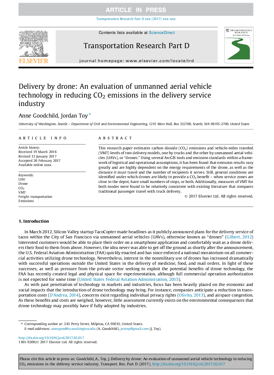 Delivery by drone: An evaluation of unmanned aerial vehicle technology in reducing CO2 emissions in the delivery service industry