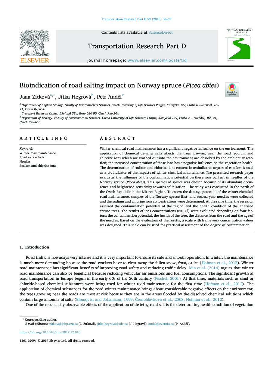 Bioindication of road salting impact on Norway spruce (Picea abies)