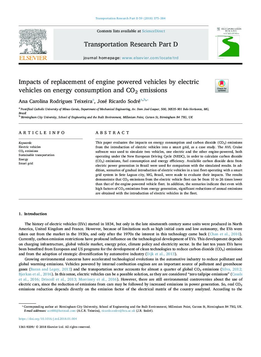 Impacts of replacement of engine powered vehicles by electric vehicles on energy consumption and CO2 emissions