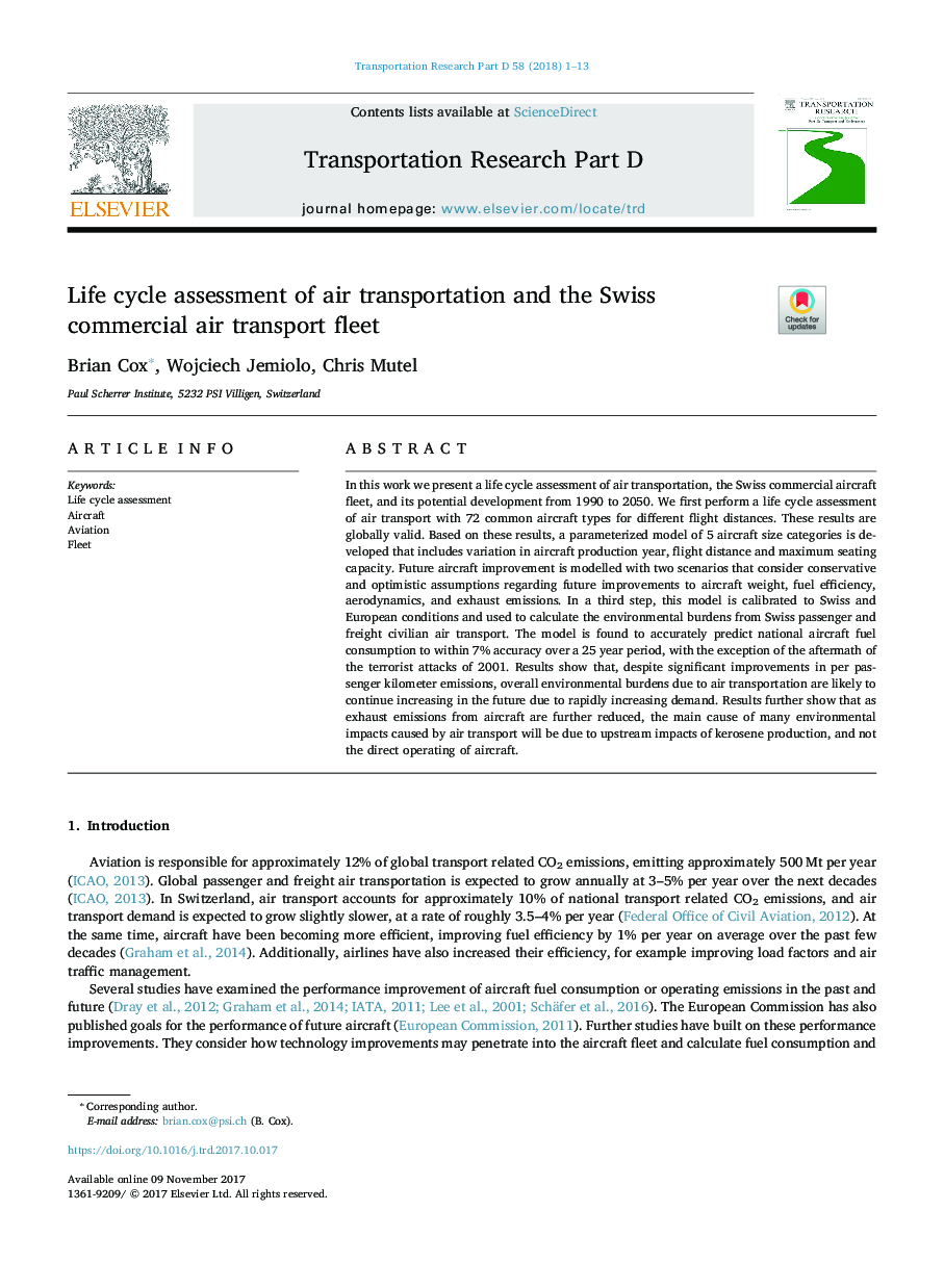 Life cycle assessment of air transportation and the Swiss commercial air transport fleet