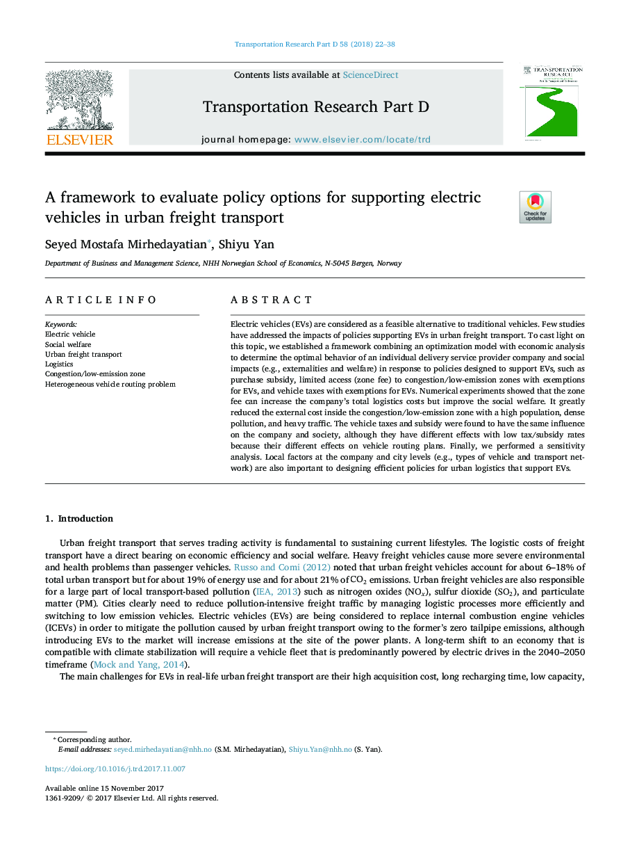 A framework to evaluate policy options for supporting electric vehicles in urban freight transport