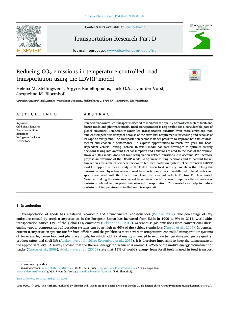 Reducing CO2 emissions in temperature-controlled road transportation using the LDVRP model