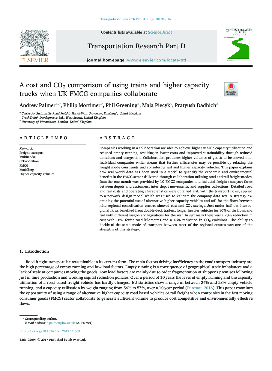 A cost and CO2 comparison of using trains and higher capacity trucks when UK FMCG companies collaborate