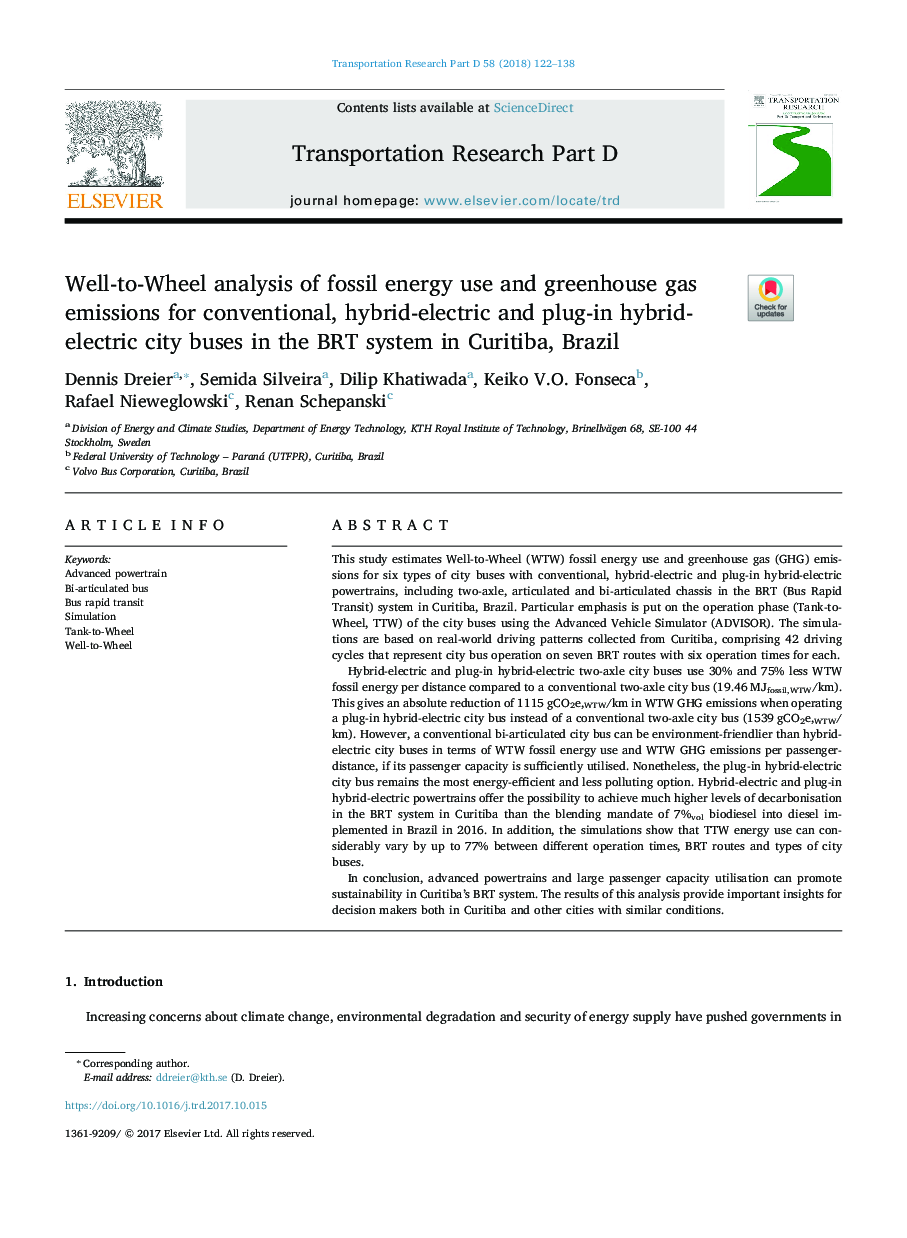 Well-to-Wheel analysis of fossil energy use and greenhouse gas emissions for conventional, hybrid-electric and plug-in hybrid-electric city buses in the BRT system in Curitiba, Brazil