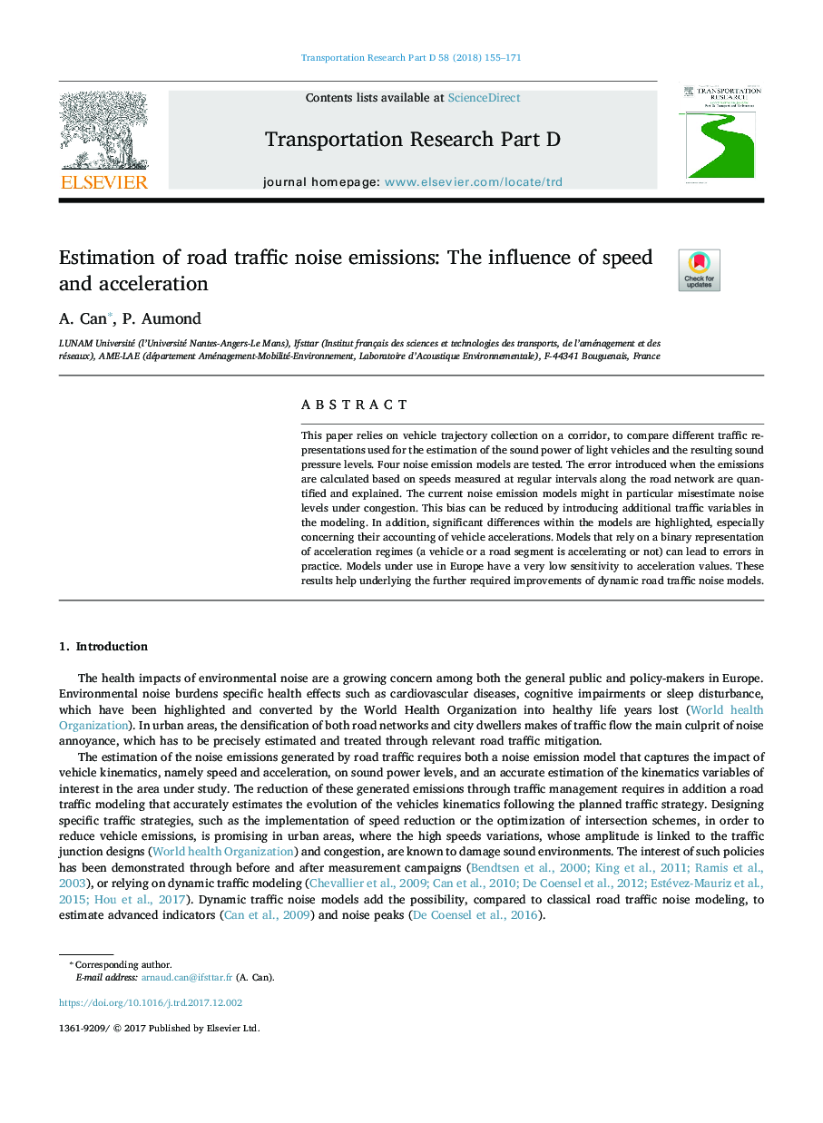 Estimation of road traffic noise emissions: The influence of speed and acceleration