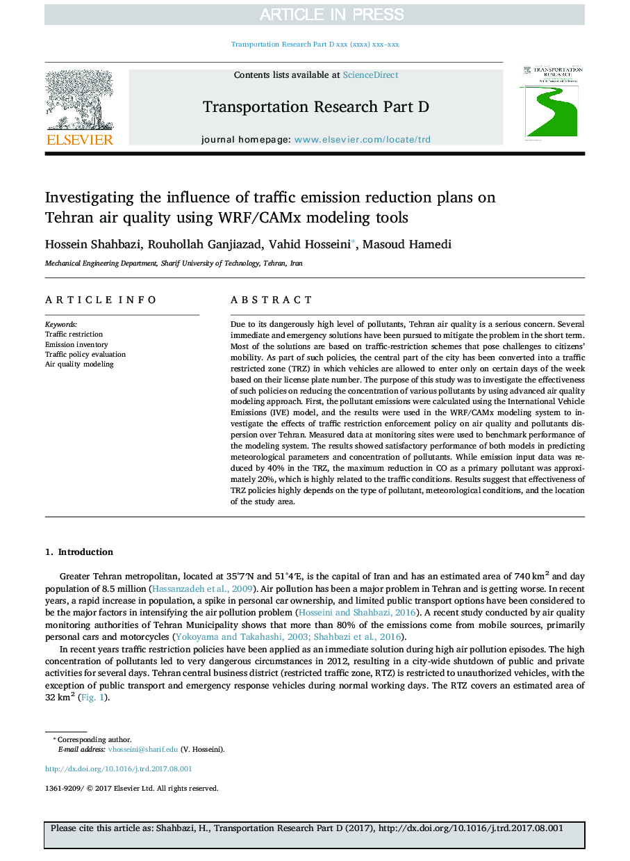 Investigating the influence of traffic emission reduction plans on Tehran air quality using WRF/CAMx modeling tools