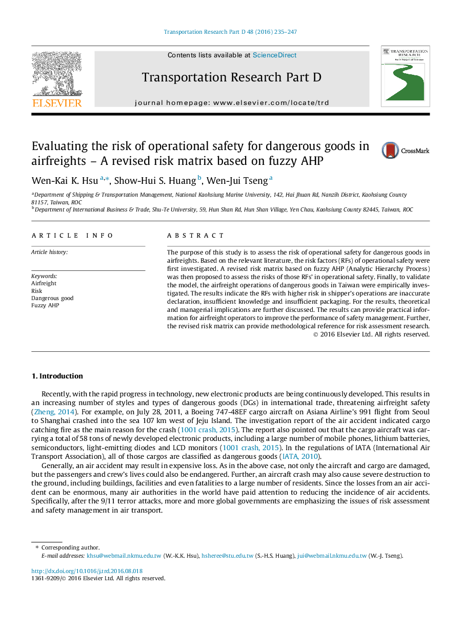 Evaluating the risk of operational safety for dangerous goods in airfreights - A revised risk matrix based on fuzzy AHP