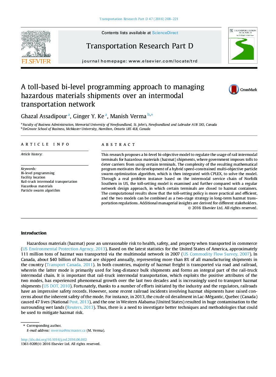 A toll-based bi-level programming approach to managing hazardous materials shipments over an intermodal transportation network