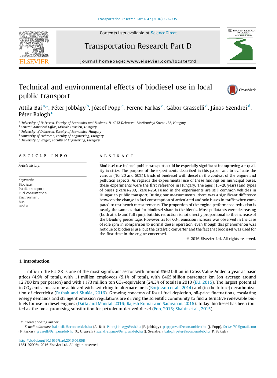 Technical and environmental effects of biodiesel use in local public transport