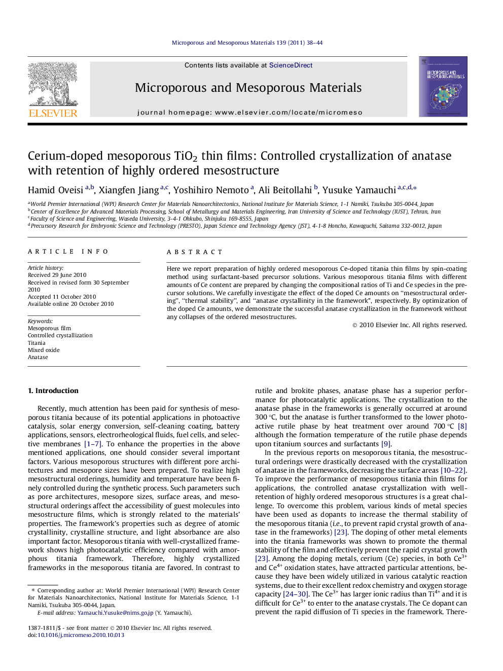 Cerium-doped mesoporous TiO2 thin films: Controlled crystallization of anatase with retention of highly ordered mesostructure