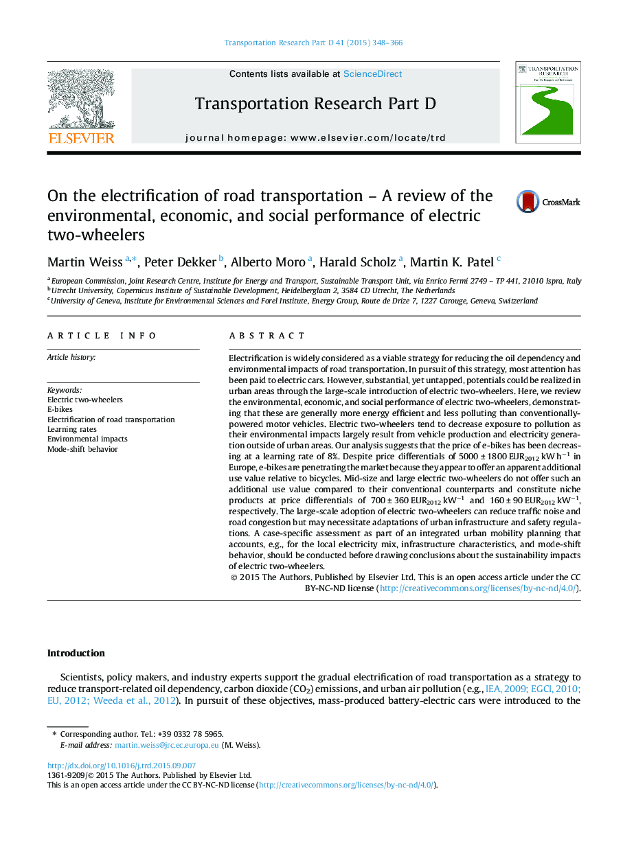 On the electrification of road transportation - A review of the environmental, economic, and social performance of electric two-wheelers