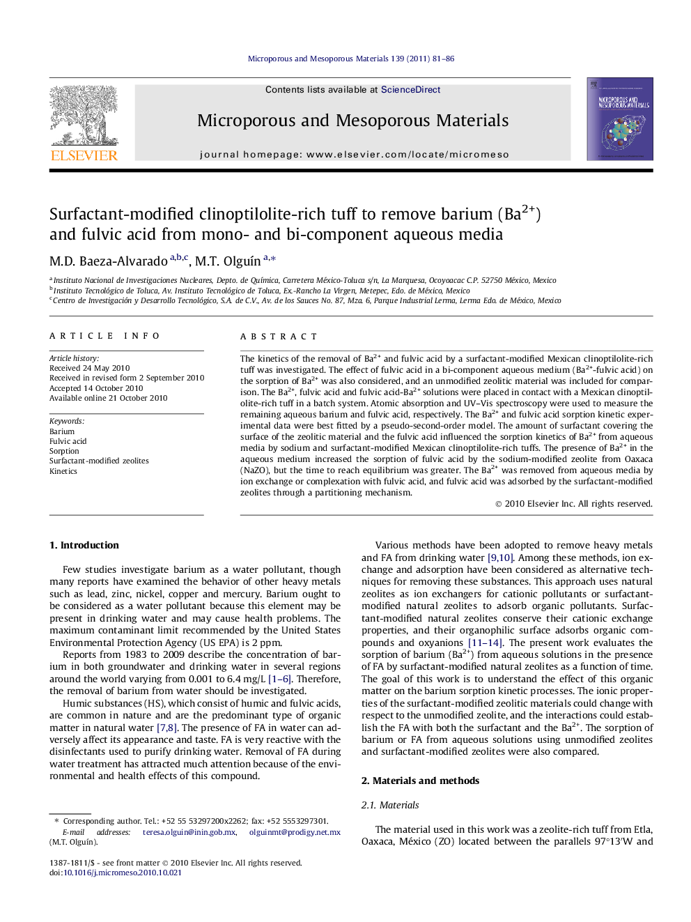 Surfactant-modified clinoptilolite-rich tuff to remove barium (Ba2+) and fulvic acid from mono- and bi-component aqueous media