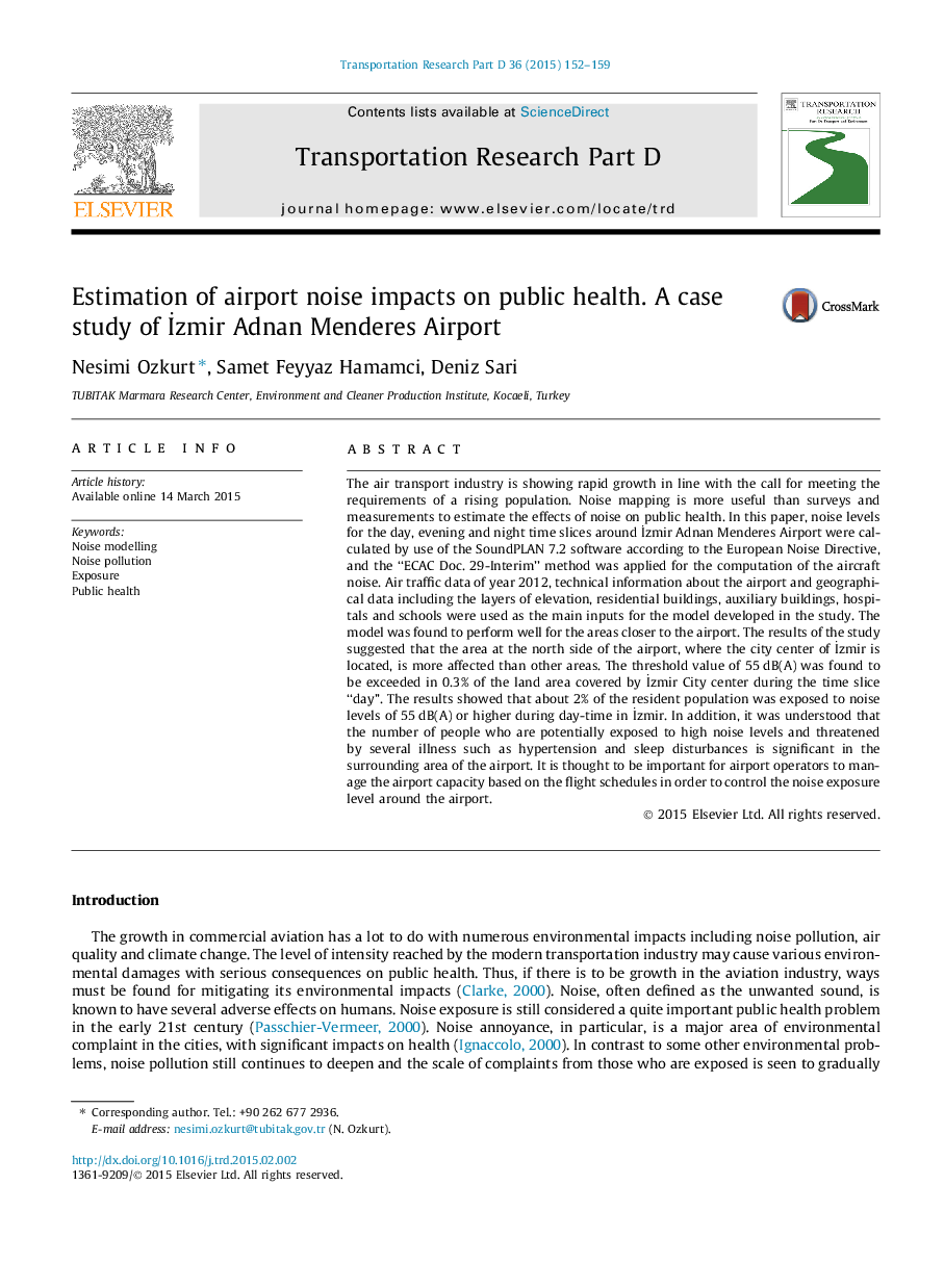 Estimation of airport noise impacts on public health. A case study of Ä°zmir Adnan Menderes Airport