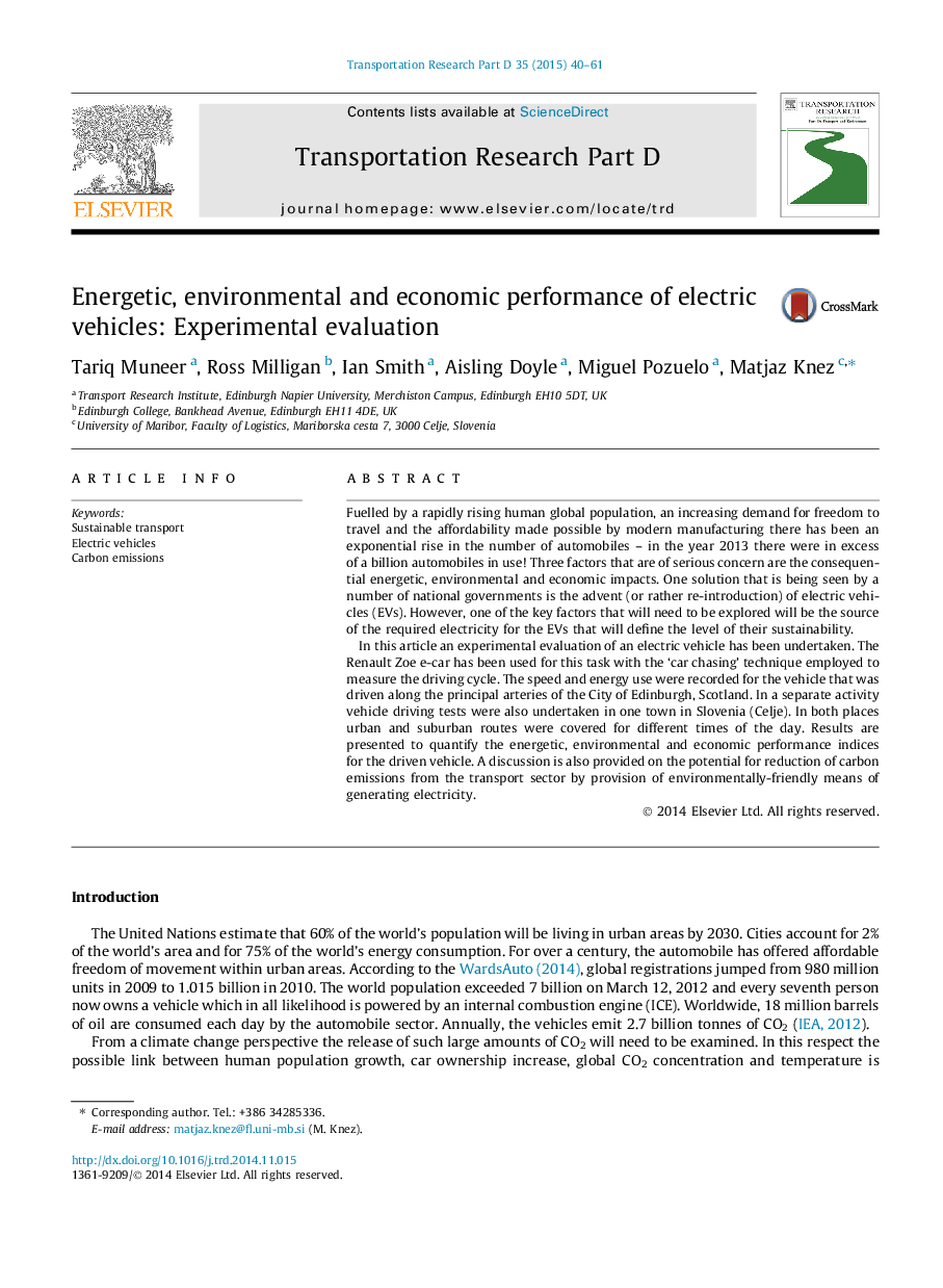 Energetic, environmental and economic performance of electric vehicles: Experimental evaluation