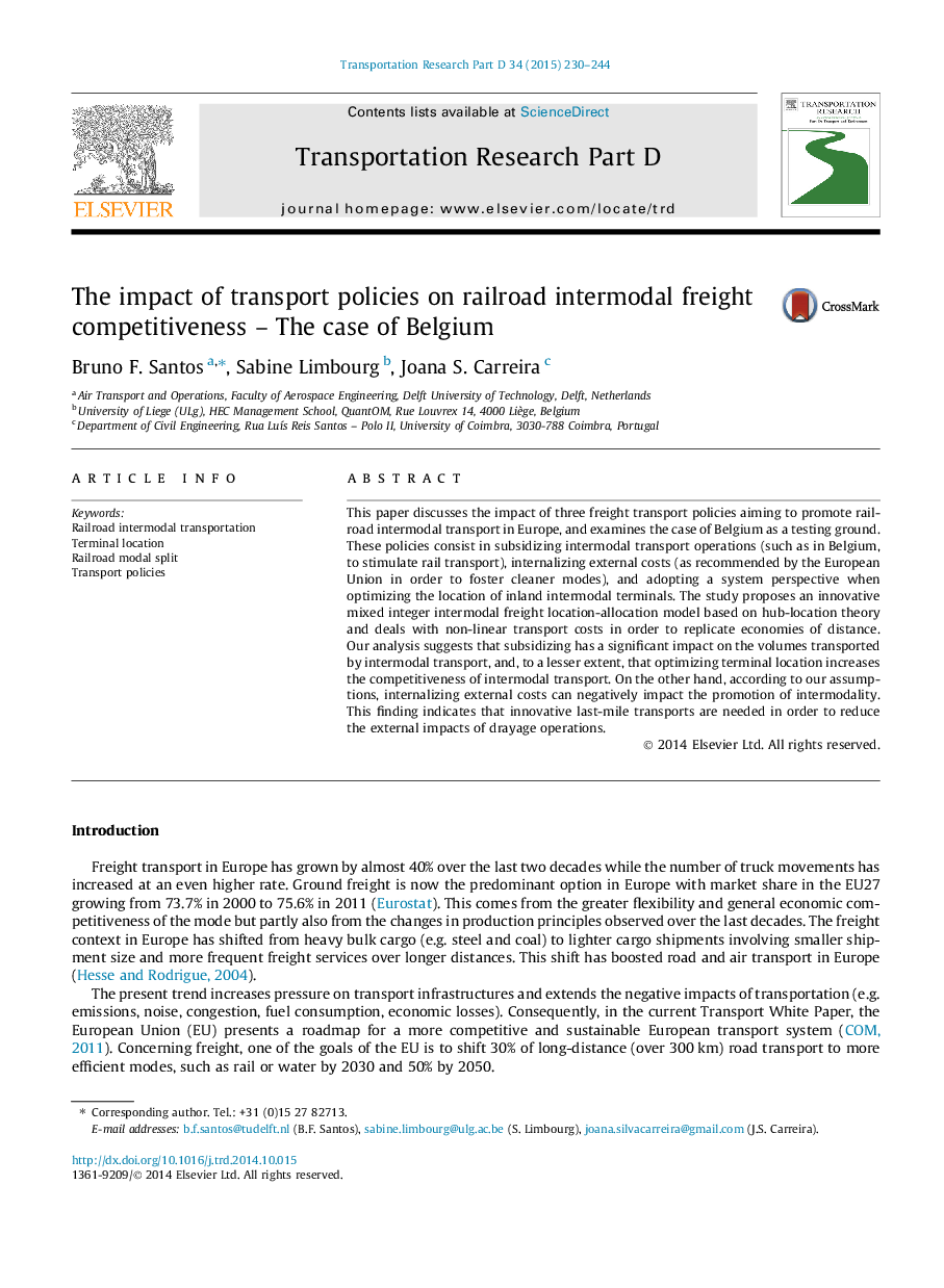 The impact of transport policies on railroad intermodal freight competitiveness - The case of Belgium