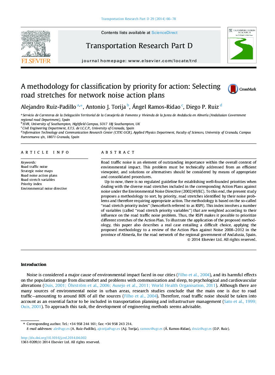 A methodology for classification by priority for action: Selecting road stretches for network noise action plans