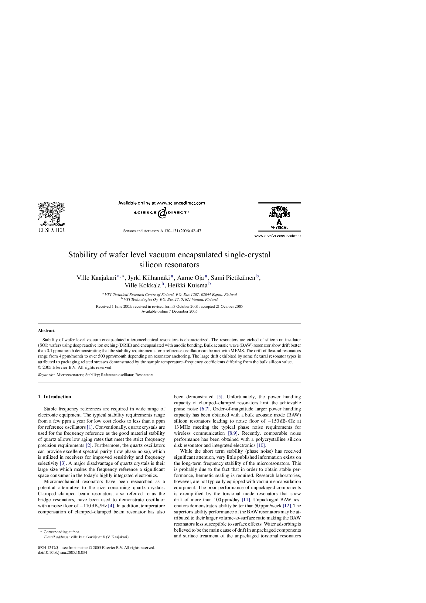 Stability of wafer level vacuum encapsulated single-crystal silicon resonators