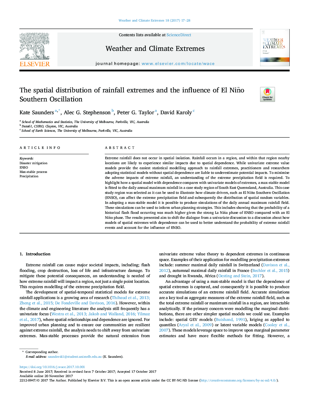 The spatial distribution of rainfall extremes and the influence of El Niño Southern Oscillation