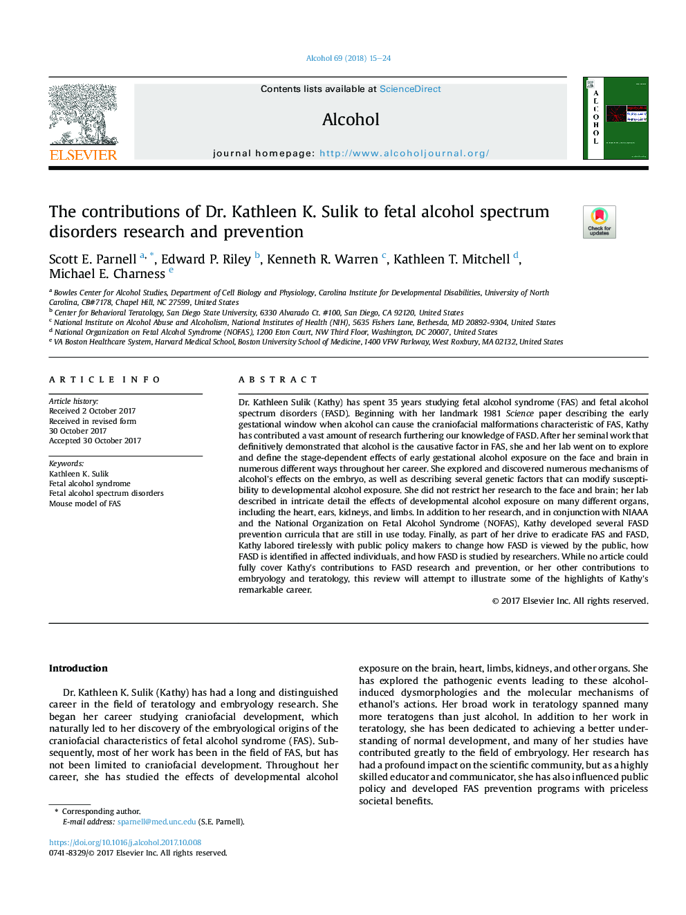 The contributions of Dr. Kathleen K. Sulik to fetal alcohol spectrum disorders research and prevention