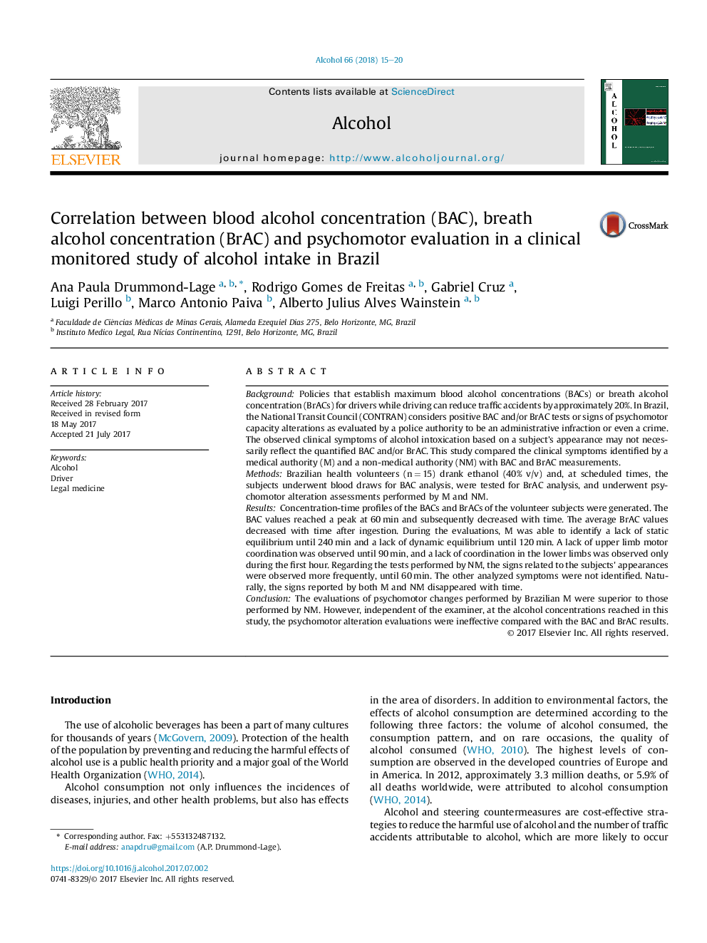 Correlation between blood alcohol concentration (BAC), breath alcohol concentration (BrAC) and psychomotor evaluation in a clinical monitored study of alcohol intake in Brazil