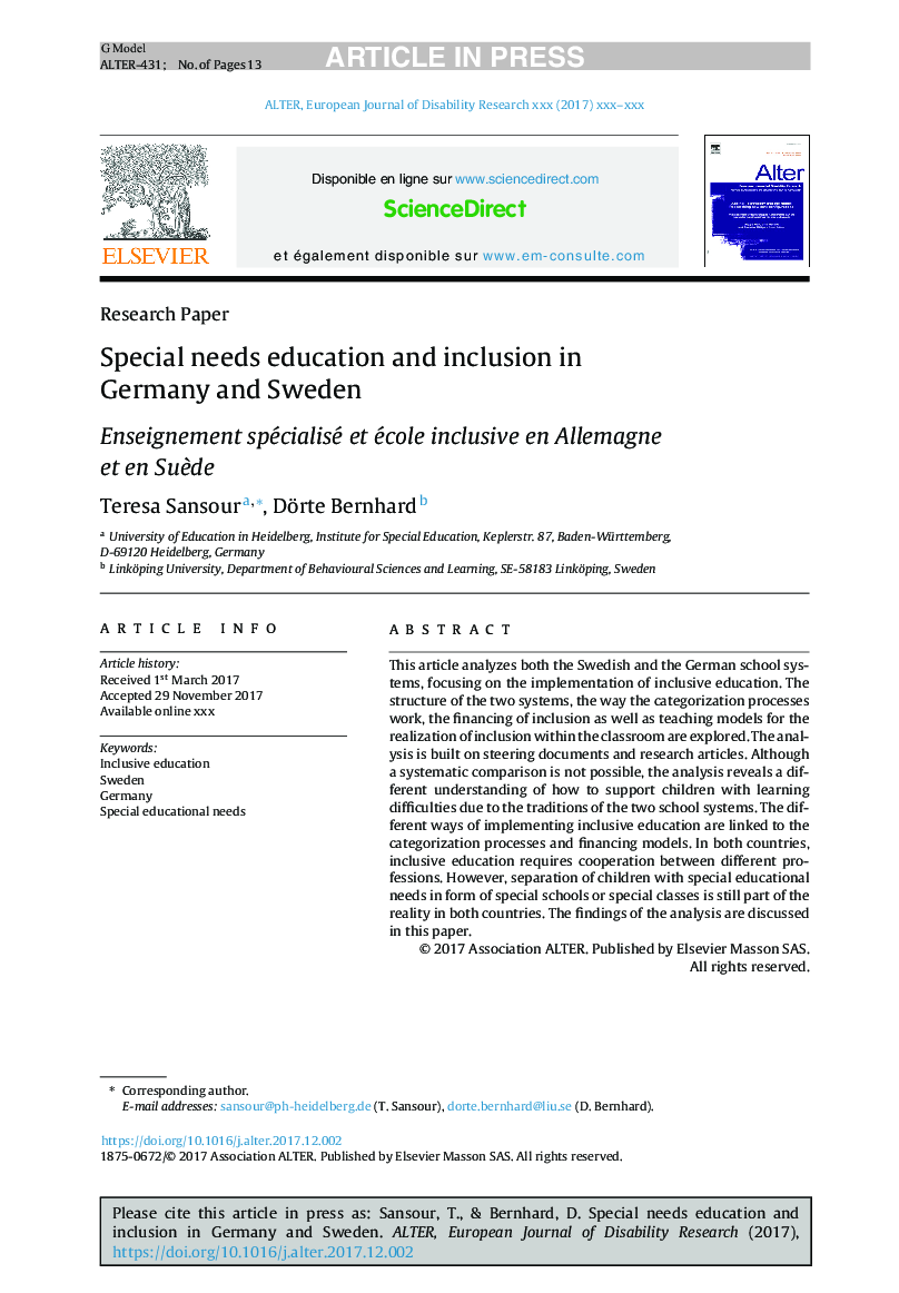 Special needs education and inclusion in Germany and Sweden