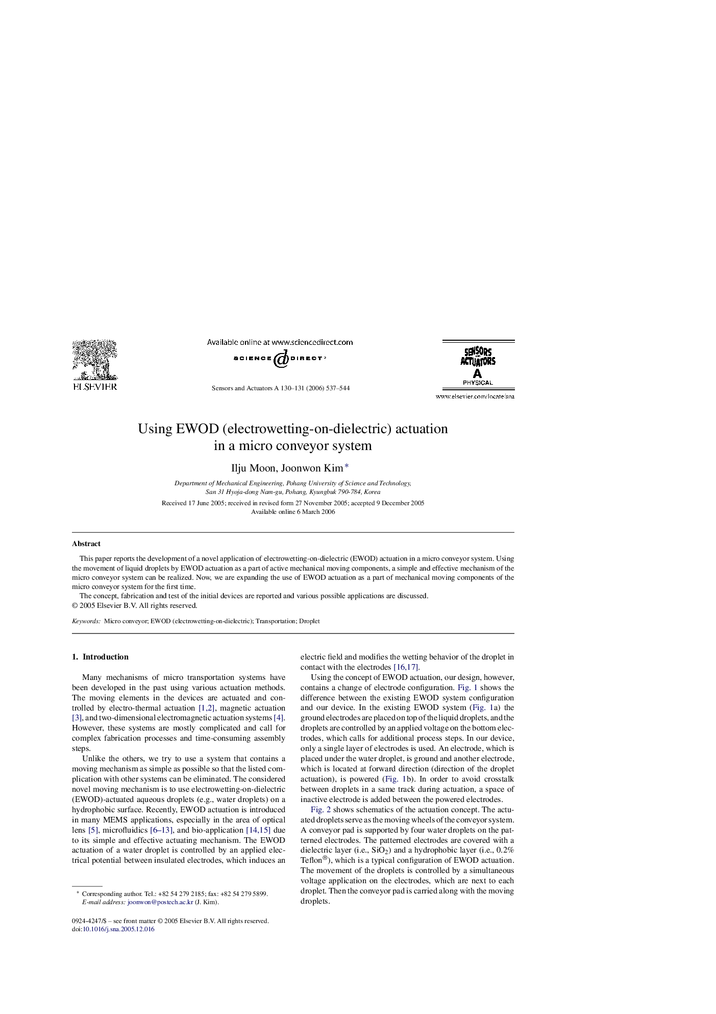 Using EWOD (electrowetting-on-dielectric) actuation in a micro conveyor system