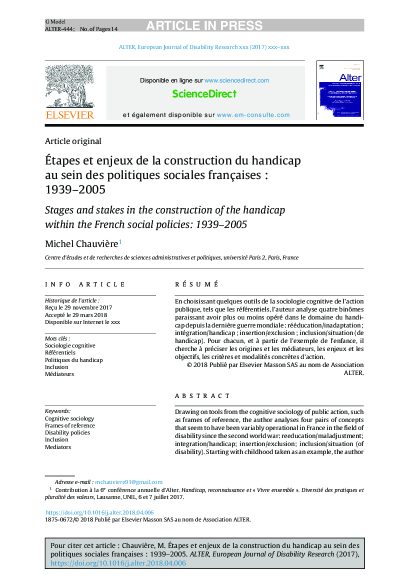 Ãtapes et enjeux de la construction du handicap au sein des politiques sociales françaisesÂ : 1939-2005