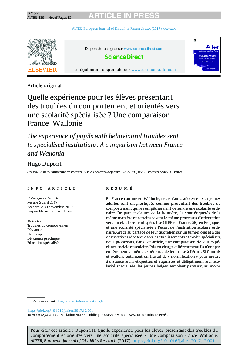 Quelle expérience pour les élÃ¨ves présentant des troubles du comportement et orientés vers une scolarité spécialiséeÂ ? Une comparaison France-Wallonie