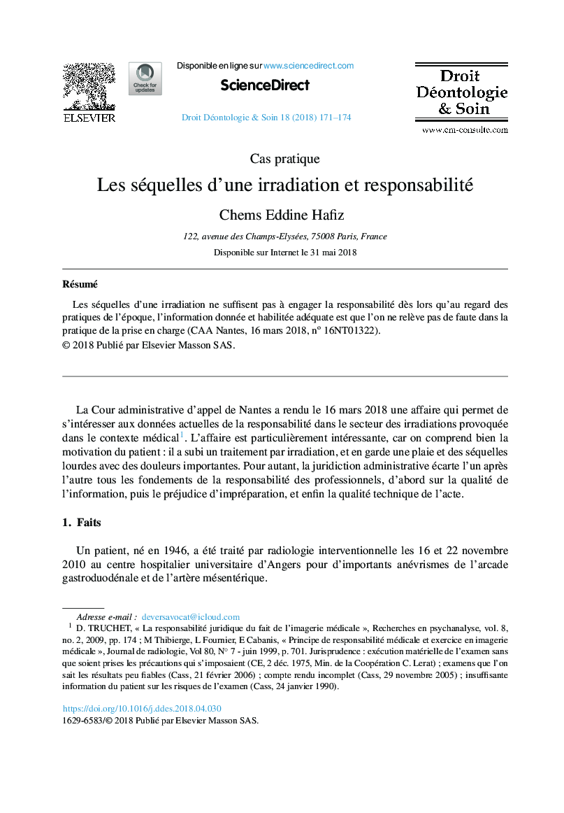عکس صفحه اول مقاله: Les séquelles d'une irradiation et responsabilité Les séquelles d'une irradiation et responsabilité
