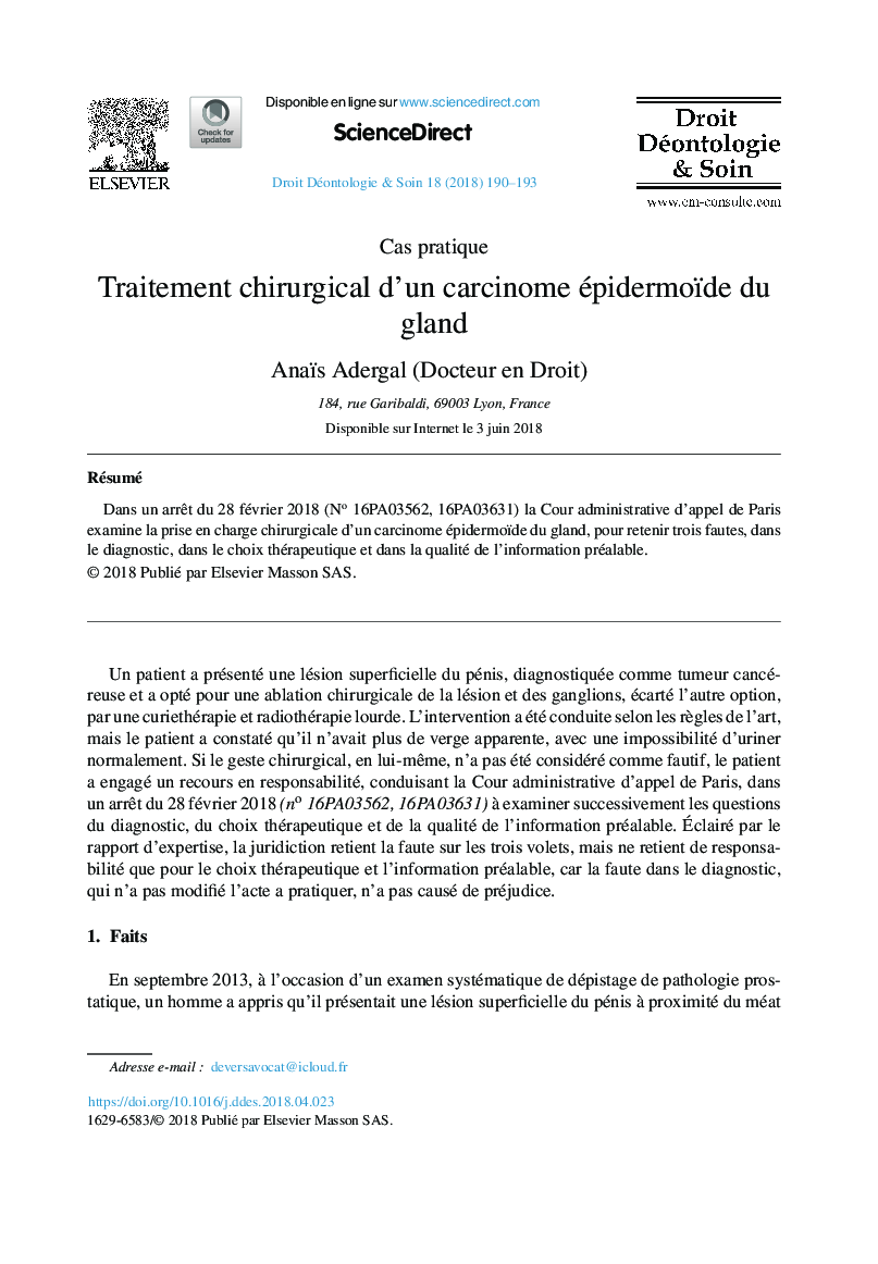 Traitement chirurgical d'un carcinome épidermoïde du gland